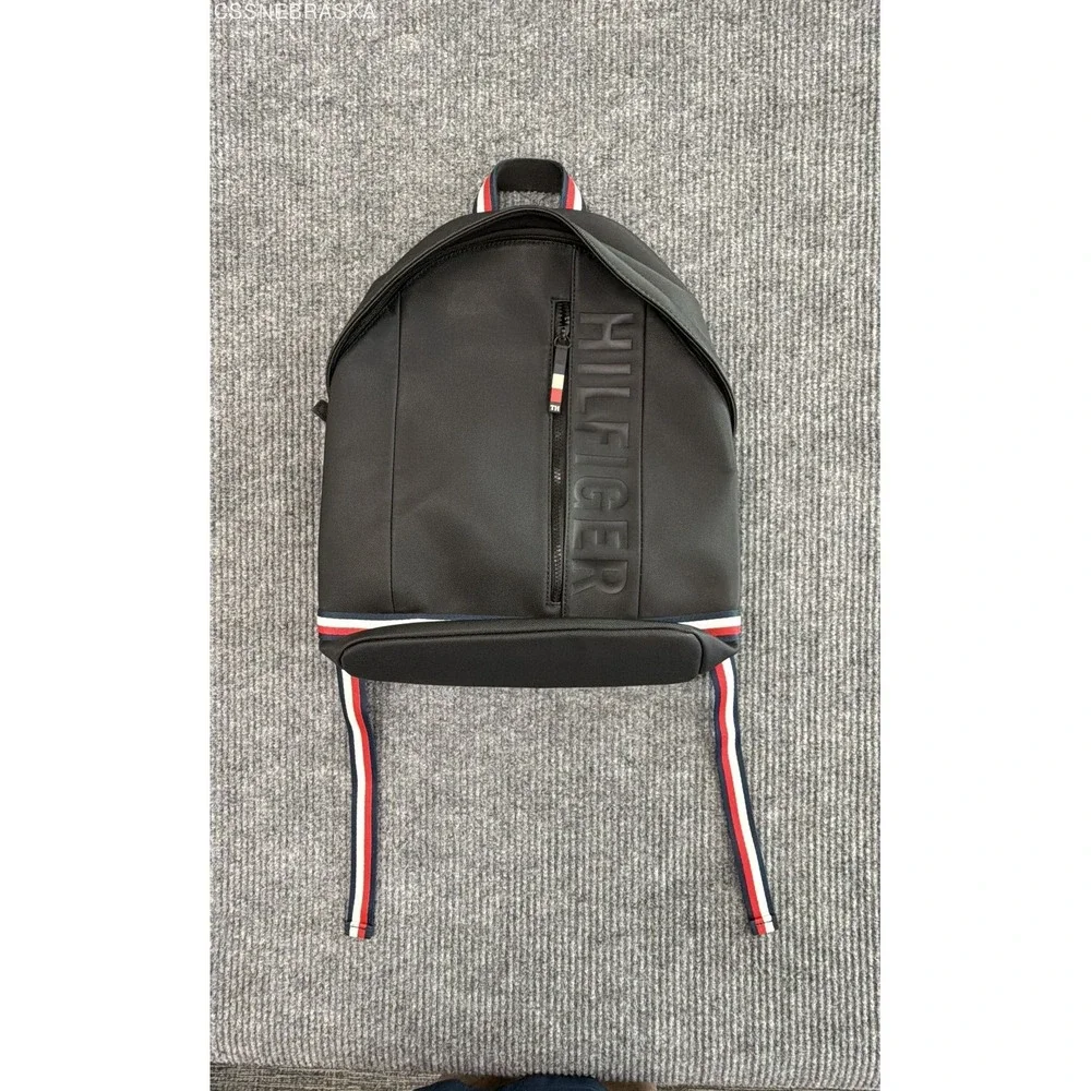 Tommy Hilfiger Black Canvas Signature Logo Backpack Striped Straps